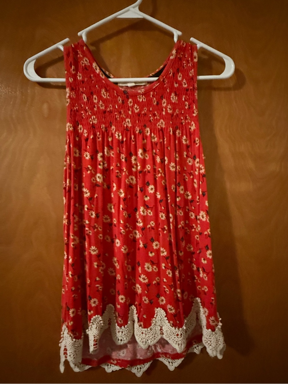 Women’s Red Floral Crochet-Hem shirt